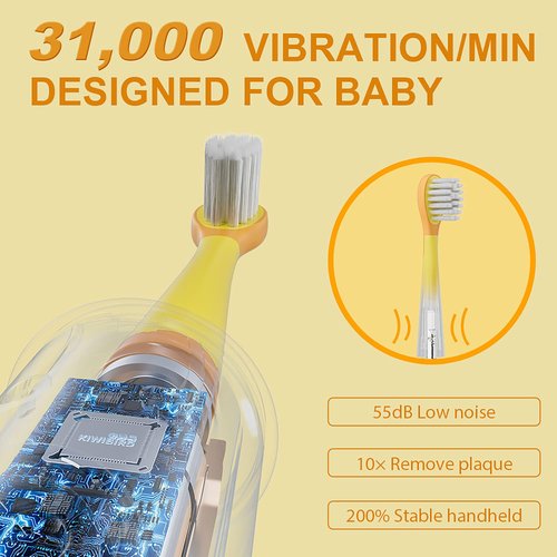 KIWIBIRD Kids Electric Toothbrush for Ages 3–10 | Toddler Sonic Toothbrush with 4 Modes & Soft Silicone Bristles | 2-Min Timer Pressure Sensor | 45-Day Rechargeable Battery | IPX8 Waterproof (Yellow)