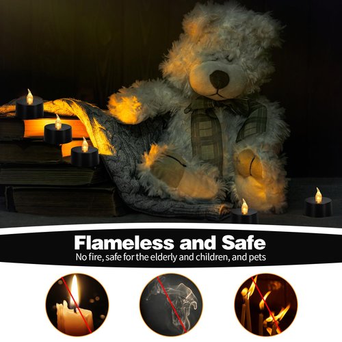 KOABY 12 Pack Warm Yellow Light Non-Flickering Flameless Tea Lights, Black Base, Last 100H+, Battery Operated Tea Lights for Decor
