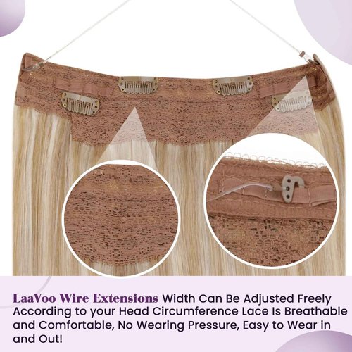 LaaVoo Invisible Wire Hair Extensions Human Hair Golden Brown Mixed Light Blonde Wire Human Hair Fish Line Extensions One Piece Human Hair Extensions 20 Inch 100g
