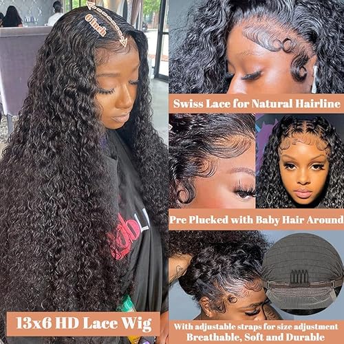 13x6 Deep Wave Lace Front Wigs Human Hair 180% Density Curly Glueless Wigs Wet and Wavy Wigs Pre Plucked for Women 20 Inch