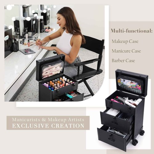 Frenessa Rolling Nail Case - Wheeled Vegan Leather Manicure Storage Organizer for Nail Technicians, Cosmetologists, and Stylists