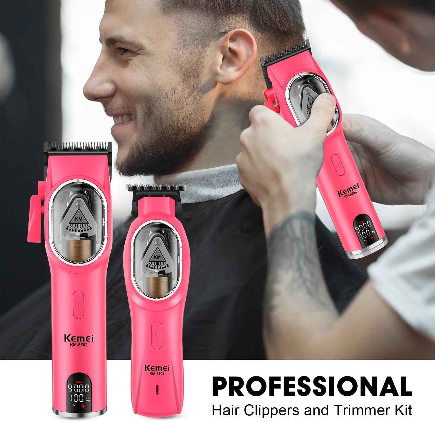 KEMEI Hair Clipper and Trimmer Set Professional Cordless Hair Clipper for Men, Electric Barber Clipper Hair Cuttings Kit, 9000 RPM Motor, DLC T-Blade Trimmers for Men with LCD Display, KM-8502, Pink