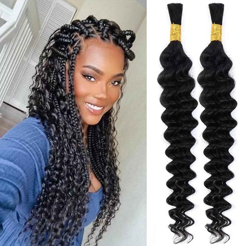 Selina 2 Bundles Deep Wave Human Braiding Hair 50g/Bundle for Boho Braids Human Curly Boho Hair 10A Deep Wave Bulk Bohemian Natural Color 28 Inch