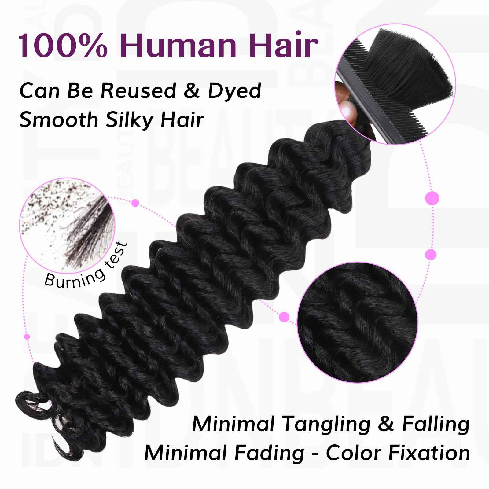 IDN BEAUTY Pre Divided Human Braiding for Boho Braids Hair Extensions, 24 Inch 100g Natrual Black Deep Wave Human Hair for Braiding Bohemian No Weft 12A Virgin Brazilian Wet and Wavy