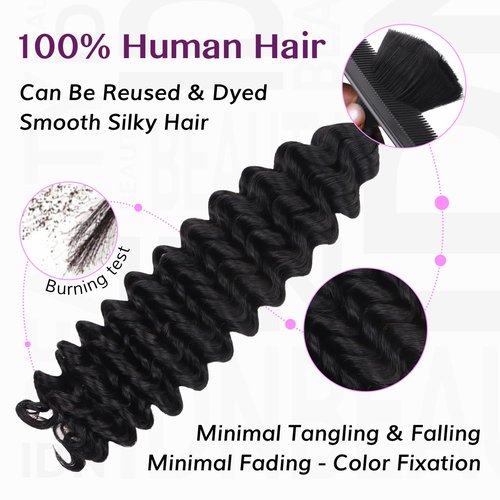 IDN BEAUTY Pre Divided Human Braiding for Boho Braids Hair Extensions, 22 Inch 100g Natrual Black Deep Wave Human Hair for Braiding Bohemian No Weft 12A Virgin Brazilian Wet and Wavy