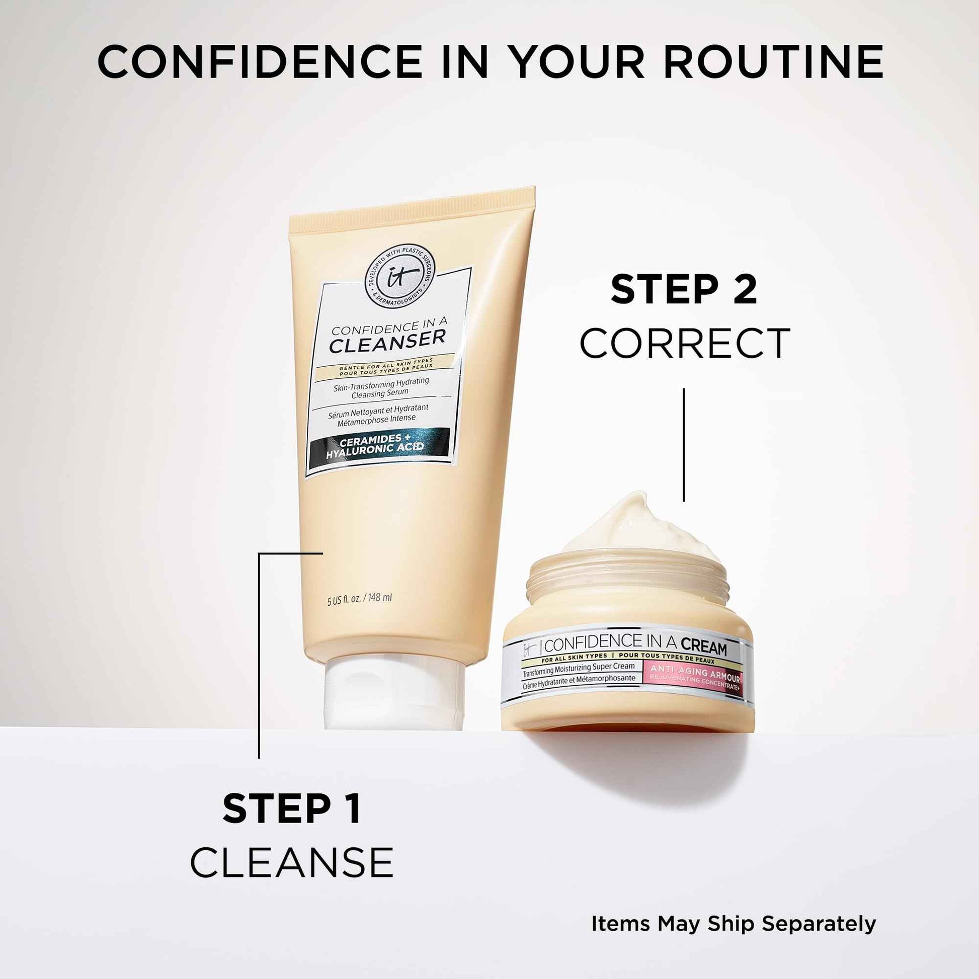 IT Cosmetics Daily Confidence Skincare Bundle – Hydrating Facial Cleanser + Anti-Aging Moisturizer – Includes Confidence in a Cream 2 Oz + Confidence in a Cleanser 5 Oz – Gift for All Skin Types