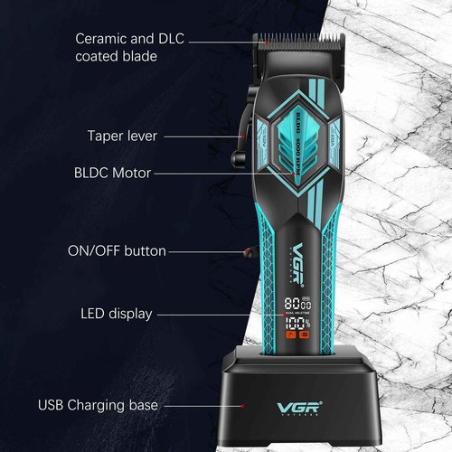 VGR 119 Professional Cordless Hair Clippers for Men, Rechargeable Barber Clippers with Base, Lithium-ion Battery Hair Cutting Machine with BLDC Motor and Ceramic Blades for Home and Barber, Green