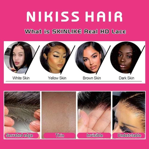 NIKISS 2x6 Skinlike Real HD Lace Closure, Straight Virgin Human Hair Natural Color Pre-Plucked Single Knots 0.095mm Ultra-thin Invisible HD Lace 16 Inch