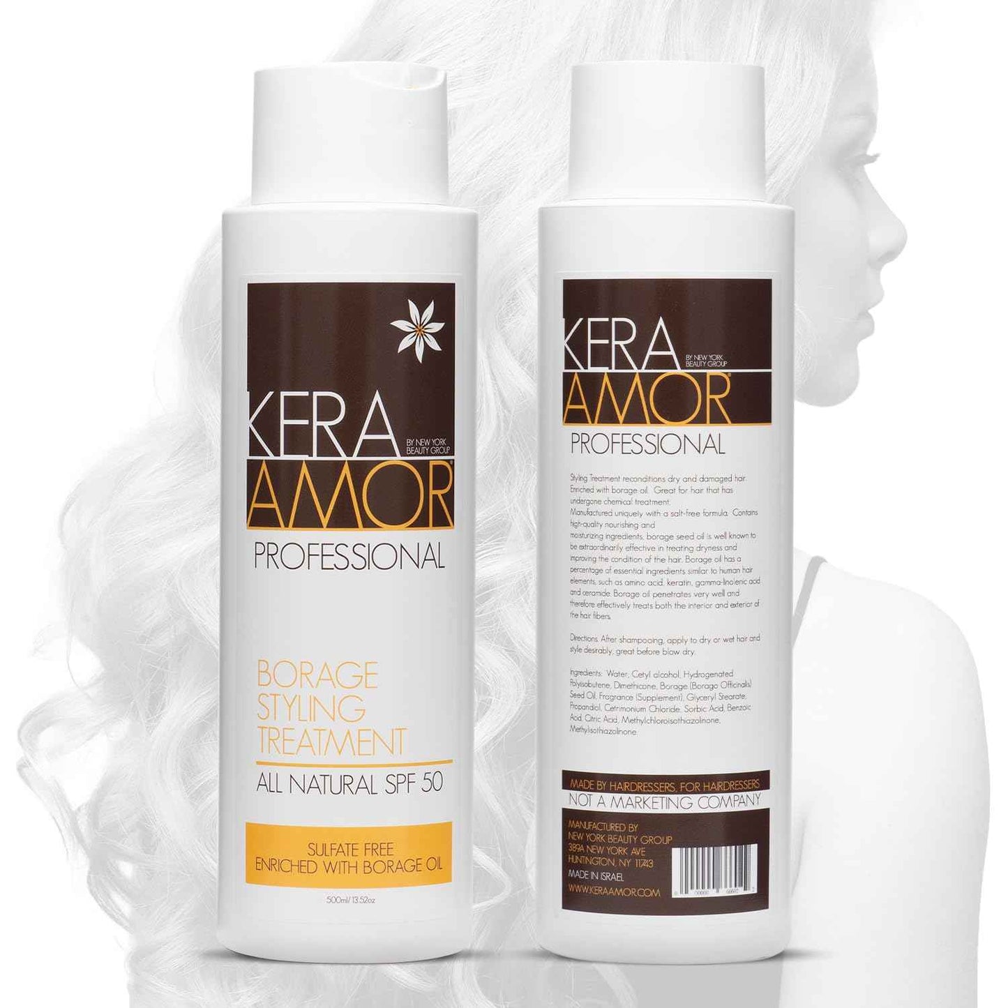 KeraAmor Professional Borage Styling Treatment - All-Natural SPF 50 - Sulfate-Free with Borage Oil - Restoring Chemically Treated Hair - 500ml