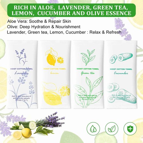 Moist Cotton Towel Bulk Moist Towelettes Individually Wrapped,White Towel Services,Refreshment Pre Moistened Towels for Dentist Travel Sport Party Hotel 240，Lavender,Green tea, Lemon and Cucumber