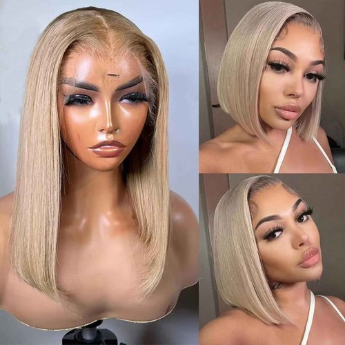 Munx Ash Blonde Lace Front Wig Human Hair Straight 13 * 6 Bob Wigs HD Lace Frontal Human Hair Honey Brown Colored Blunt Cut Bob Wig for Black Women Real 180% Density Glueless Bob Human Hair Wig 16"