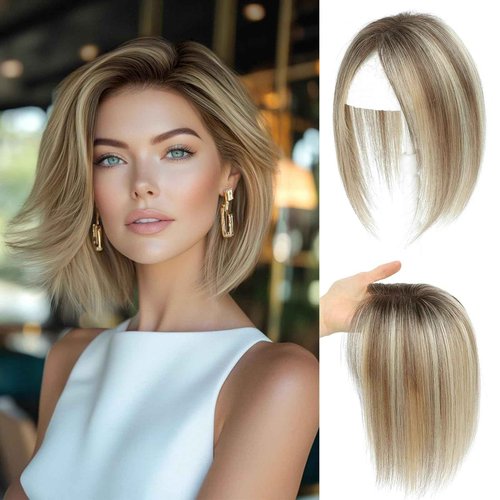 BUTYWAY Hair Toppers for Women Real Human Hair 10Inch Human Hair Topper 7x10CM Swiss Base Middle Part Clip in Topper Hairr Pieces for Women Ombre Light Brown with Blond