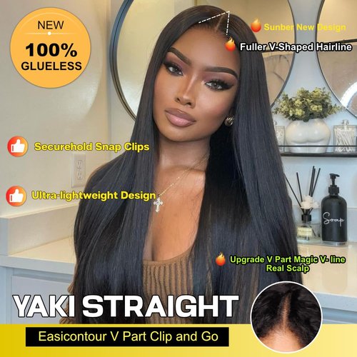 Sunber V Part Wig Human Hair Glueless Wig Yaki Straight Upgrade No Leave Out Vpart Yaki Straight Wigs 150% Density Glueless Clip in Half Wigs No Glue No Sew in Beginner Friendly 16Inch