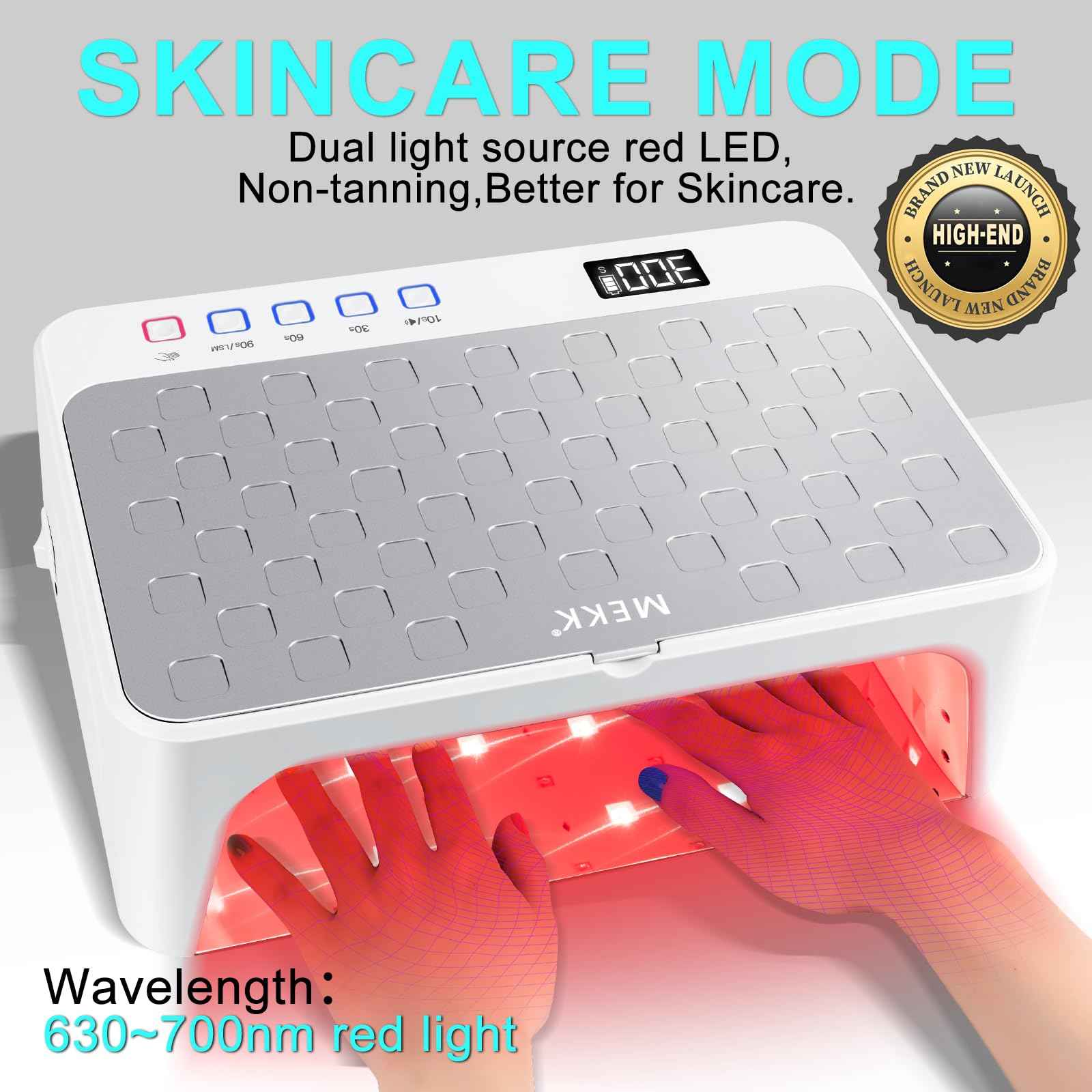 MEKK UV LED Nail Lamp - Luxury Cordless UV Light for Gel Nails with Red Light Skincare,4+2 Timer Modes,Two-Hand Design,Professional Nail Lamp for Salon & Home-White