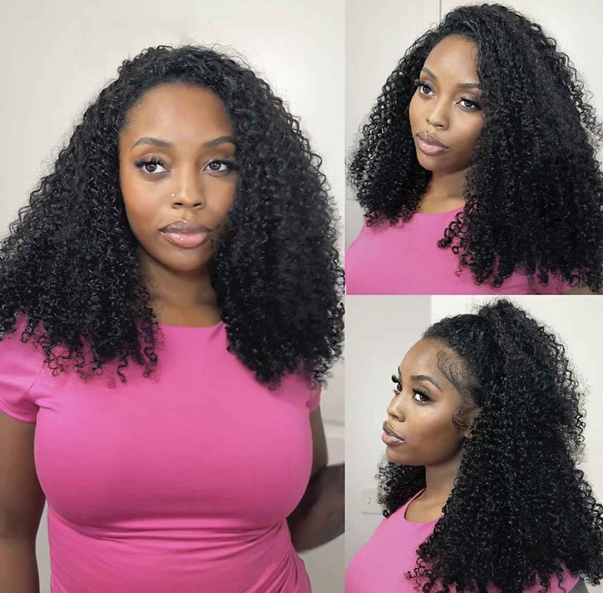 Larhali Kinky Curly Half Wig Human Hair 180% Density Wear And Go Glueless Wigs Human Hair 20 Inch Curly 3 In 1 Half Wigs for Women Drawstring Seamless Flip Headband Wig Beginner Friendly