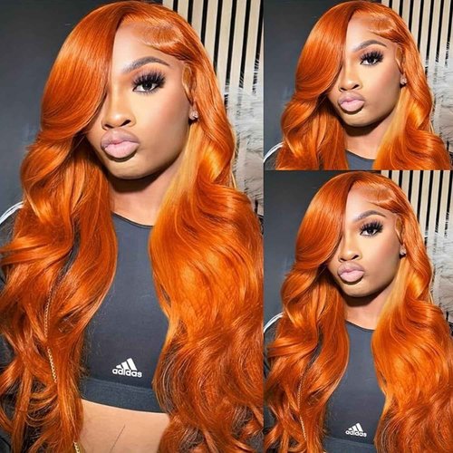 Alimoonbeam Ginger Orange 28 Inch13x6 Lace Front Wigs Human Hair Body Wave Frontal Wigs Human Hair for Women 180 Density Pre Plucked HD Transparent Lace Glueless 350 Colored Wig Bleach Knots