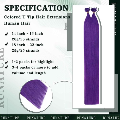 RUNATURE Bundles 22 Inch Purple I Tip Hair Extensions Human Hair and U Tip Hair Extensions Human Hair 25g 25 Strands