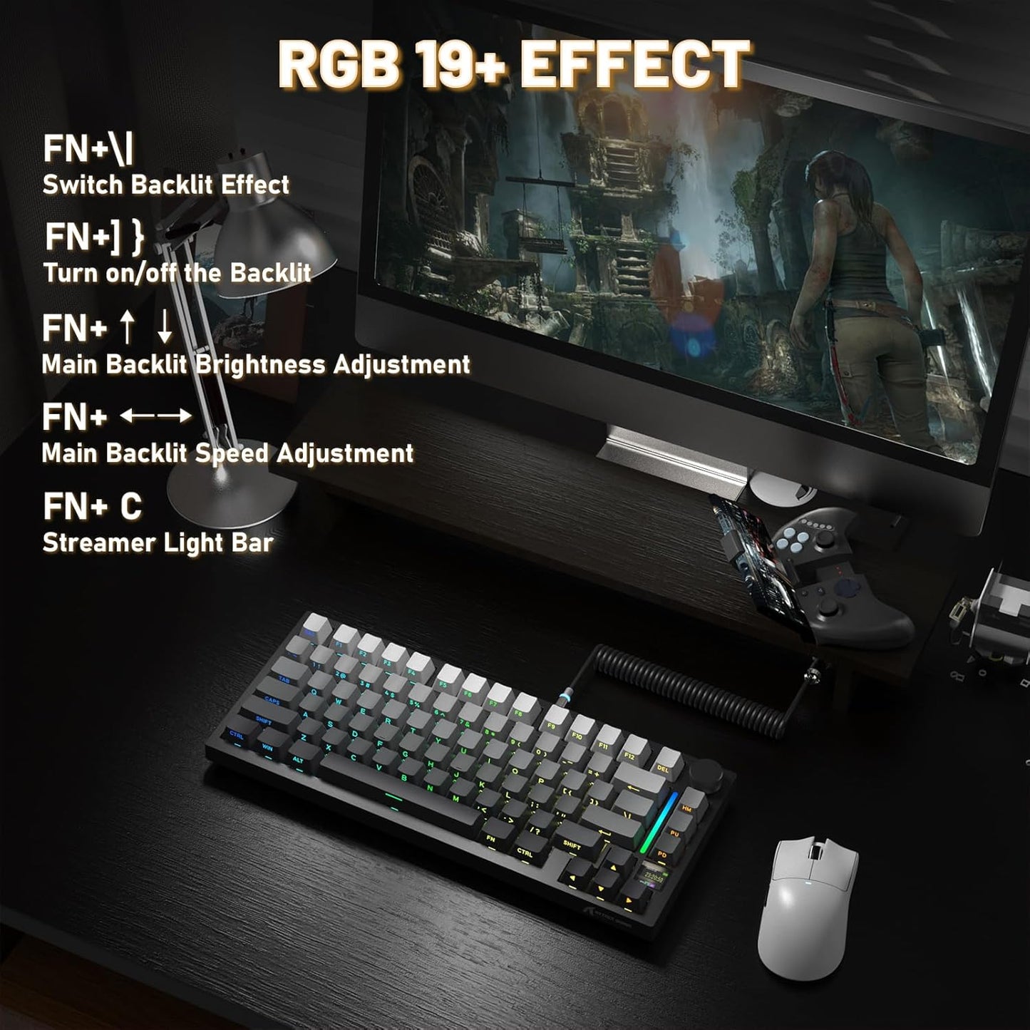 Attack Shark ajazz AK820 Wired Mechanical Gaming Keyboard with Volume Knob Hot Swappable 75% Gasket Keyboard 5-Layer Noise Absorbing Foam PBT Keycap Ice Blue Backlit Blue Switch for PC/Win/Mac-White