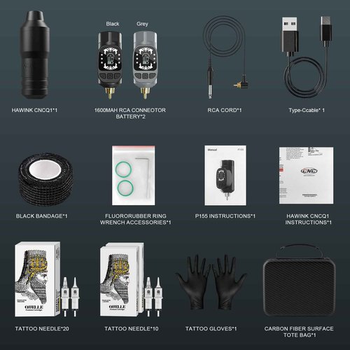 HAWINK Wireless Tattoo Kit Rotary Machine with Wireless 2 Battery Power 30 Mix Needles for Artists and Beginners CNCQ1P155-1