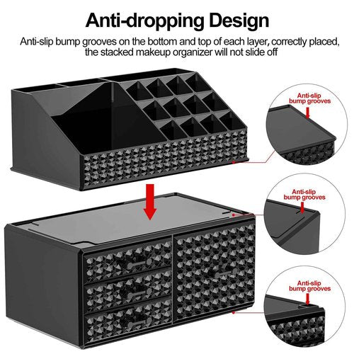 Awenia 4 Pack Stackable Makeup Organizer[Upgraded],Acrylic Cosmetics Storage Cases with 11 Drawers Perfume Organizers For Brush Holder or Jewelry Display,Plus Size(Black)