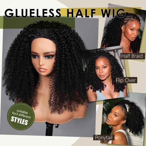 XNAIRA Kinky Curly Half Wig Human Hair 3 In 1 Seamless Flip Over Half Wigs Drawstring Curly Half Wigs for Women Human Hair Glueless Wear and Go Half Up Half Down Headband Wig Human Hair