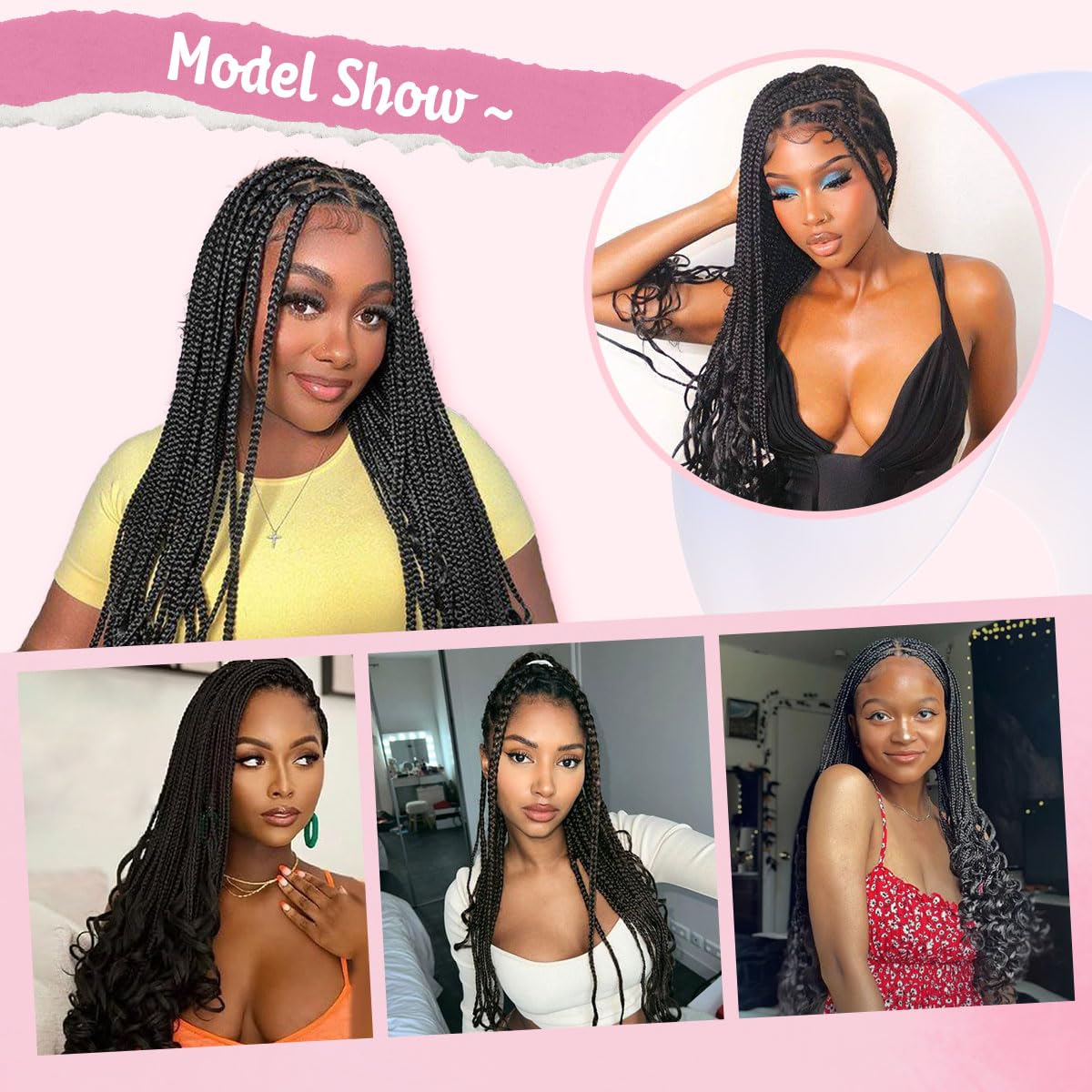 lounoke 36 Inch Braided Wigs With Curly Ends, 360 Single Full Lace French Curl Braided Wigs for Black Women Knotless Box Braid Wig with Baby's Hair
