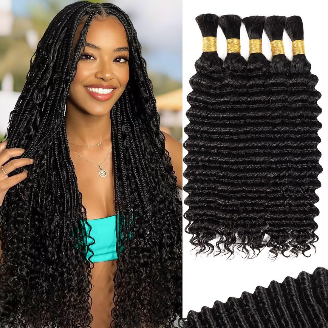 160g 5 Bundles/Pack Human Braiding Hair for Boho Braids 24 Inch Curly Boho Hair for Braiding Knotless 12A Deep Wave Bulk Bohemian Natural Black