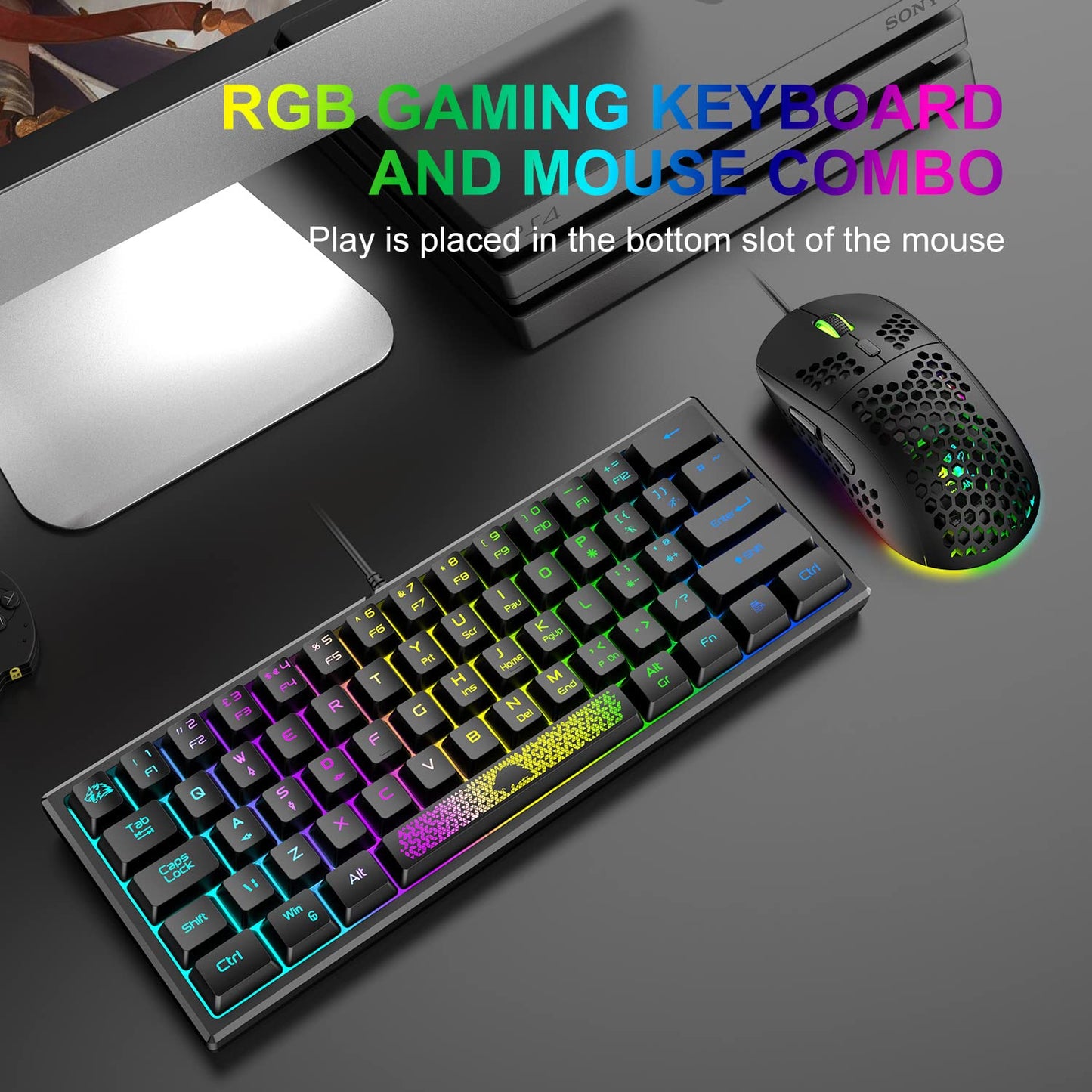 60% Gaming Keyboard and Mouse Combo Small Mini RGB Backlight Mechanical Feeling and Mechanical RGB 6400 DPI Honeycomb Optical Mouse,Gaming Mouse pad for Gamers and Typists Black