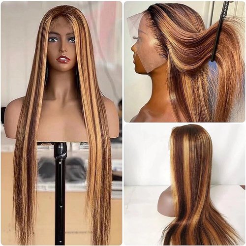 13X6 Highlight Lace Front Wig Human Hair Pre Plucked Ombre 4/27 Lace Front Wig Human Hair 180 Density Highlight Human Hair 32 Inch