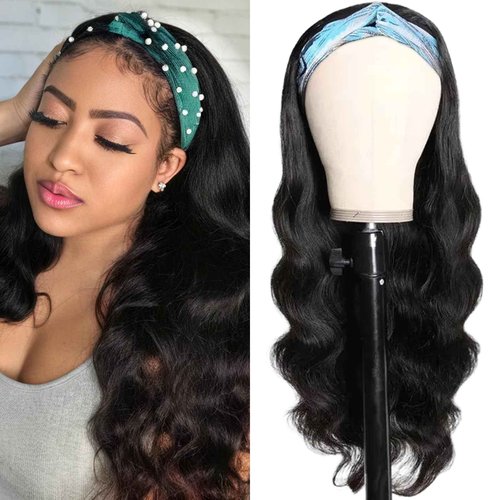 Hertune Human Hair Body Wave Headband Wig, 26 Inch, Black, Glueless, Wavy (loose waves), 21.75 Inch Cap Size