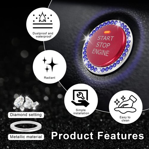 LivTee 2 PCS Crystal Rhinestone Car Engine Start Stop Decoration Ring, Bling Car Interior Accessories for Women, Push to Start Button Cover Sticker, Automotive Decals, Dark Blue