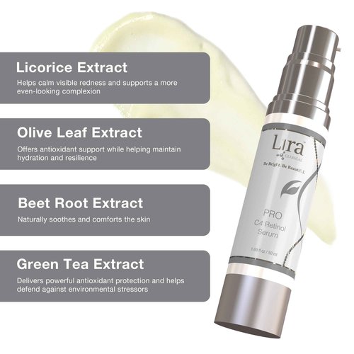 Lira Clinical PRO C4 Retinol Serum - Face Serum with Plant Stem Cells - Vitamin C Brightening Serum with Licorice and Olive Extract - 1.69 Ounce