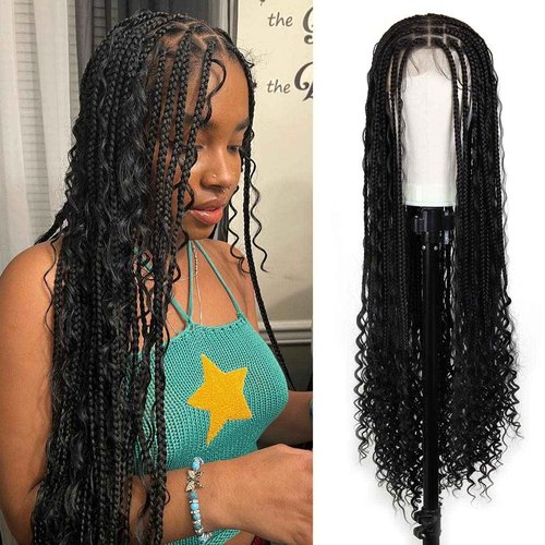 Sangtok Boho Braided Wigs for Black Women, 36 inch Knotless Full Lace Boho Box Braid Wig, Bohemian Curly Ended Double Full Lace Goddess Braided Wig