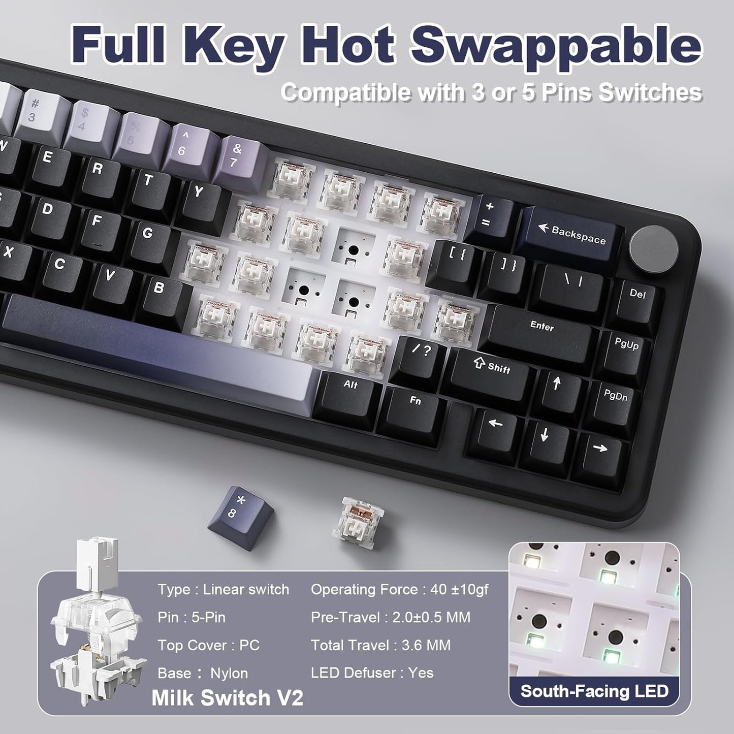 YUNZII B68 Wireless Mechanical Keyboard,Tri-Mode BT5.0/2.4GHz/USB-C,Cute PBT Keycaps,Hot Swappable Creamy Typing Gasket Mounted,RGB Backlit NKRO for Win/Mac (Black, Cocoa Cream V2 Switch)