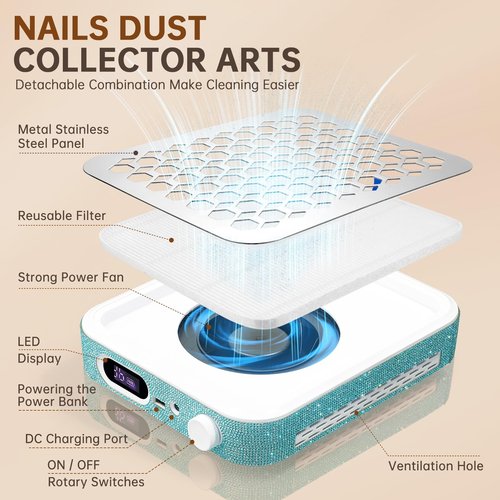 CHRISTINE SHELLY Nail Dust Collector, Rechargeable Dust Collector Nail Tech, Powerful Vacuum Fan Vent Dust Collector Extractor Dust Suction Machine for Acrylic Nails Polishing, Nail Salon&Home, Blue