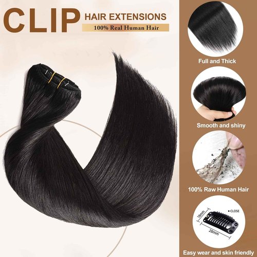 16A Premium Clip in Hair Extensions Real Human Hair, 18inch 120g 7pcs （Service life1.5~2 years）Remy Seamless Invisible Double Weft Human Hair, #1 Natural Black Multiple Washes Keep Texture Soft
