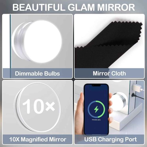 Gvnkvn 22.8 x 18.2 Vanity Makeup Mirror with Lights, 10X Magnification,Large Hollywood Lighted Vanity Mirror with 15 Dimmable LED Bulbs, USB Charger Port, Tabletop or Wall-Mounted Gold