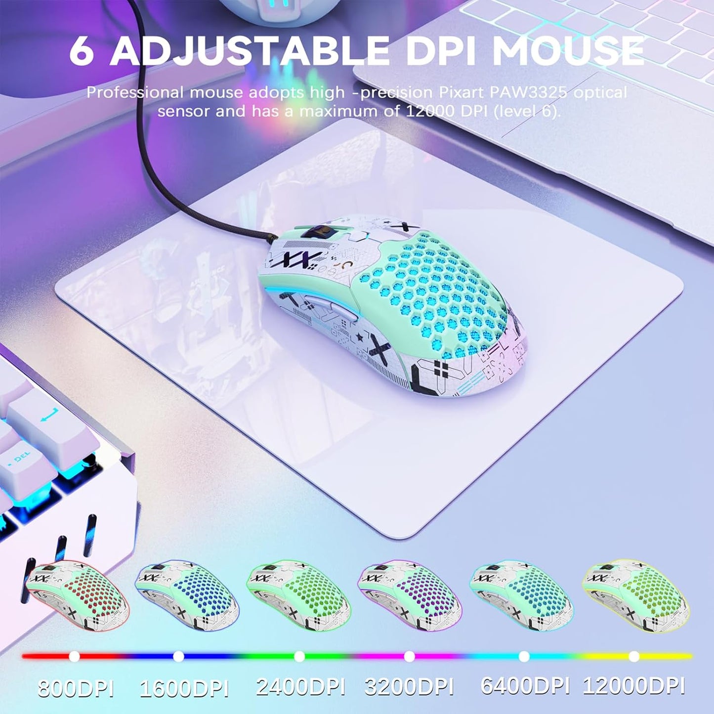 ZIYOU LANG M5 RGB Lightweight Wired Gaming Mouse with 12000 DPI 6 Programmed Buttons,65G Honeycomb Shell,Ultralight Ultraweave Cable,Pixart 3325 Optical Sensor Gamer Mice(Green)