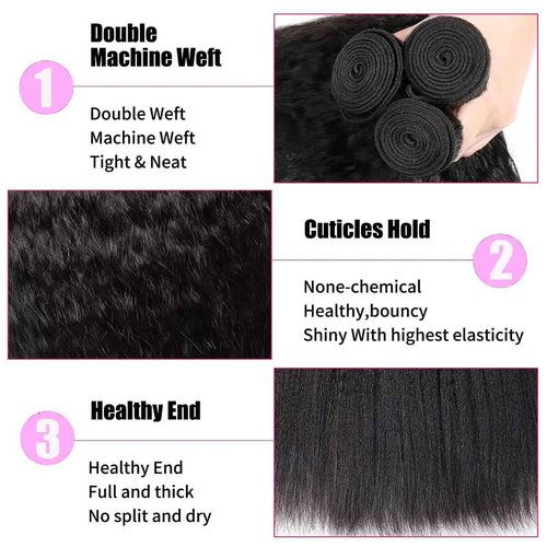 DMS Kinky Straight Hair 3 Bundles Yaki Straight Bundles Human Hair For Black Women 100% Unprocessed Brazilian Remy Hair Natural Black Color (20 22 24)