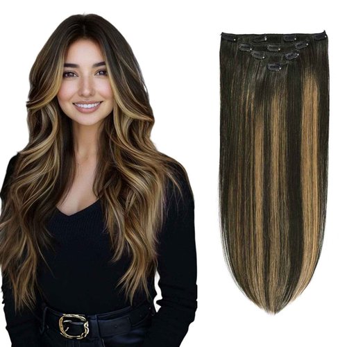 GEELOOK Clip in Hair Extensions Real Human Hair 20 Inch Natural Black mixed Chestnut Brown #1b/6/1b Double Weft 100% Remy Human Hair Thick Long Soft Silky Straight 4pcs for Women 70grams