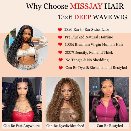 MISSJAY Hair 22 Inch Deep Wave Lace Front Wig Human Hair 200% Density 13x6 Lace Front Wig with Baby Hair Pre Plucked Deep Curly Wig 100% Unprocessed Brazilian Virgin Hair Natural Color for Women