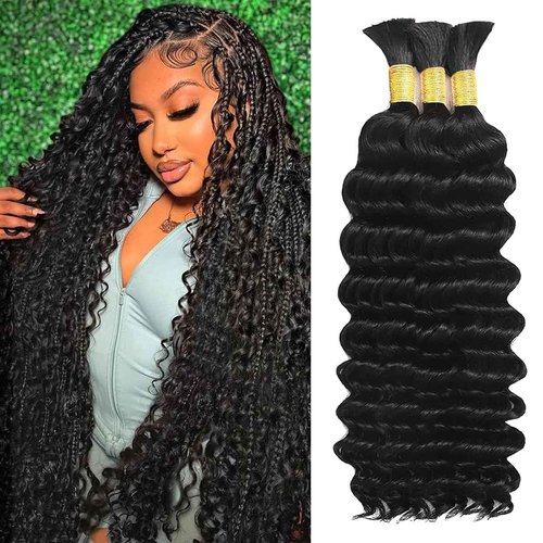 Human Braiding Hair for Boho Braids 24 Inch 120g Deep Wave Bulk Boho Human Hair for Braiding Curly Knotless Bohemian Braids 12A 100% Brazilian Virgin 3 Bundles/Pack Natural Black 1B