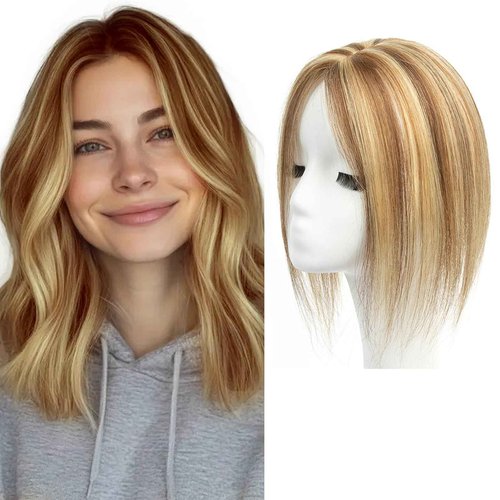 isheeny Human Hair Topper for Women 14Inch Real Human Hair Toppers For Changing Your Look, Brown Highlight Honey Natural Hair Pieces for Women With Artificial Base & 2 Secure Clips