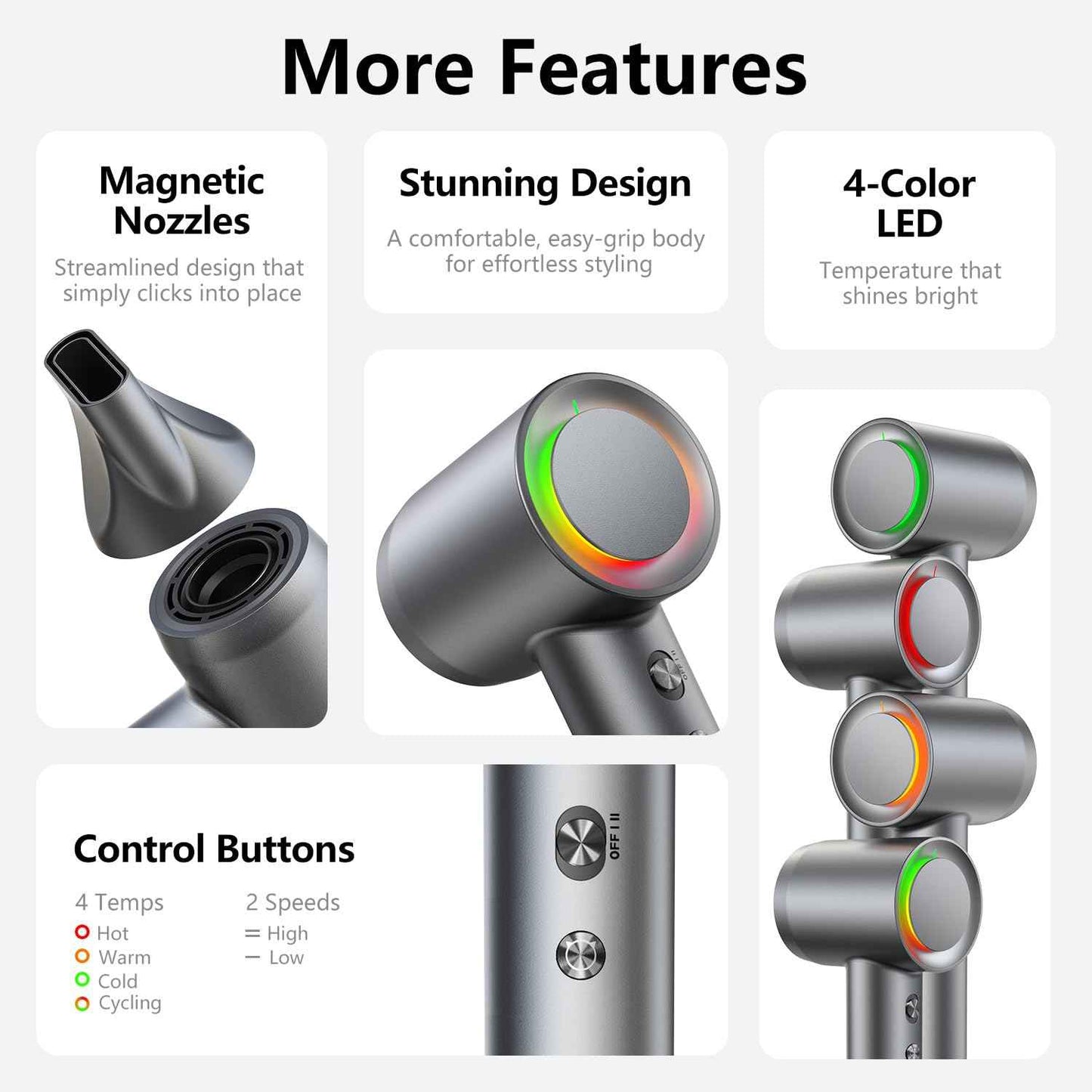 Hair Dryer - 1 Min Fast Drying, High-Speed Blow Dryer with 500 Million Negative Ions, No Heat Damage, Low Noise, Professional Hairdryer with Diffuser & Nozzle, Gunmetal, Hair Dryer Concentrator Nozzle