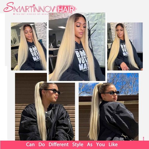 Ombre Blonde Lace Front Human Hair Wig 150% Density 1B613 for Women 13x4 HD Undetectable Melted Lace Frontal Wigs 20Inch Ombre Blonde with Dark Roots Straight Pre Plucked Bleached Knots Wigs