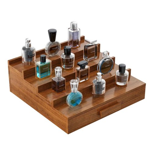 Sueuapp Cologne Organizer for Men,4 Tier Walnut Wood Cologne Stand,Cologne Shelf Display Holder with Hidden Storage and Drawer,Perfume Stand Organizer Great Gift for Men,Walnut