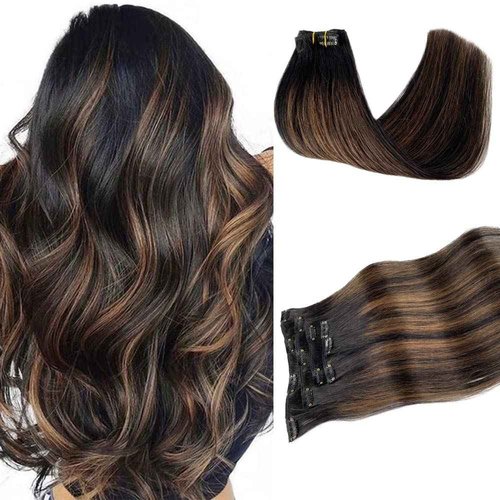 Clip in Hair Extensions Real Human Hair, Natural Black Highlights Medium Brown 18 Inches 5pcs Long Straight Clip ins Human Hair Extensions Handmade Double Weft Remy 70grams