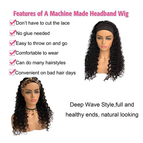 Rebasar Curly Headband Wig 24 Inch Deep Wave Human Hair Wigs for Black Women Glueless No Lace Front Wigs Human Hair Headband Wig Wear and Go Brazilian Virgin Hair Black Curly Wig