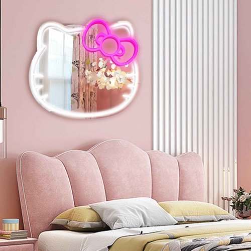 MCJSGSP Anime Hello Kit Cat Neon Sign Mirror 12 * 9.5 inch Vanity Mirror with Lights Bedroom Wall Mirror for Pink Room Decor and a Makeup Mirror with Lights Teen Girl Gifts
