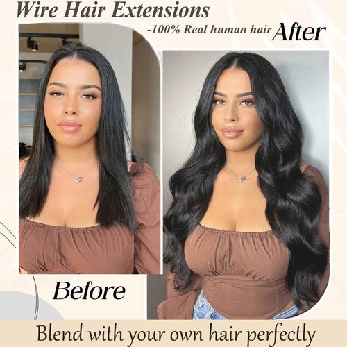 Doupor Wire Hair Extensions, Halo Hair Extensions Real Human Hair, Natural Black Invisible Wire Real Human Hair Extensions,Fish Line Layered For Women 22inch 100g